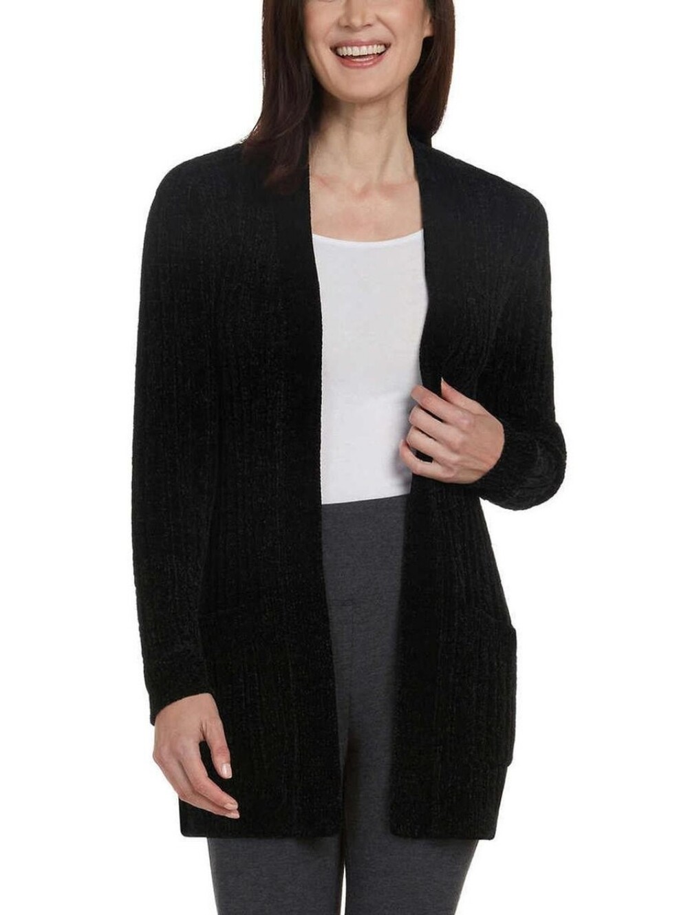 Matty M Open-Front Chenille Cardigan in Black XXL Comfy Cozy Soft Duster Open Fr
